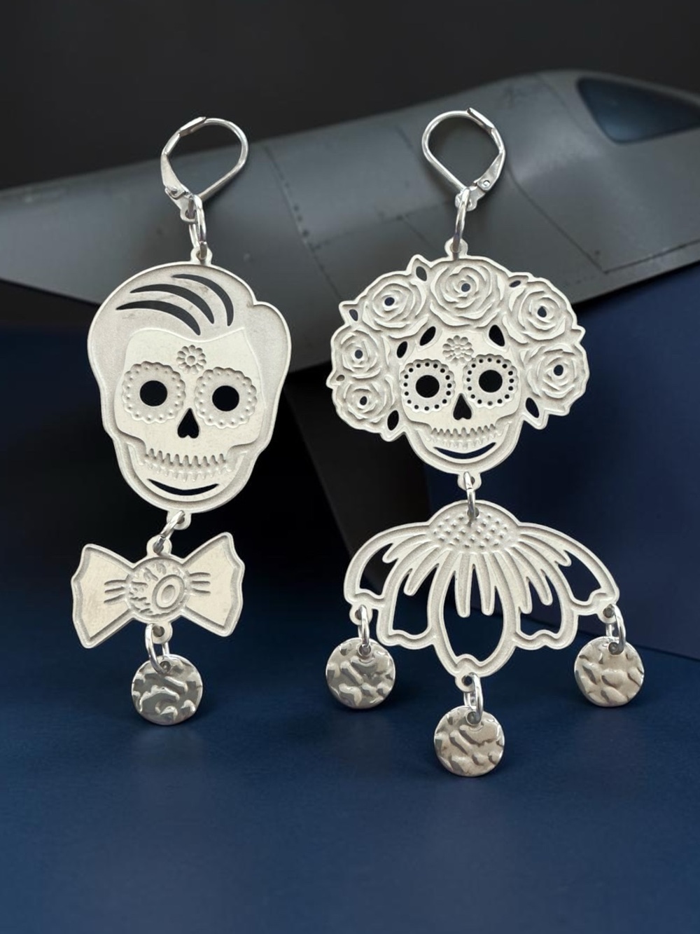🆕 Man and Woman Sugar Skulls Laser Etched Dangle Earrings